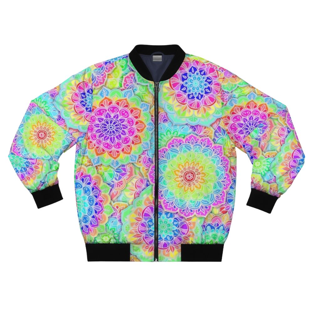 Psychedelic summer bomber jacket with boho mandala design in bright, colorful neon shades