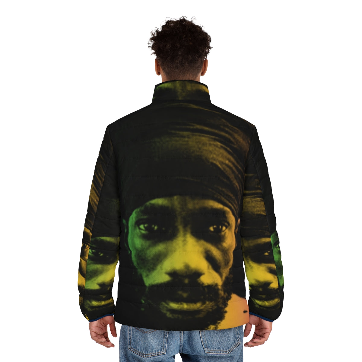 Kalonji Puffer Jacket with Rastafarian design and dreadlock style - men back