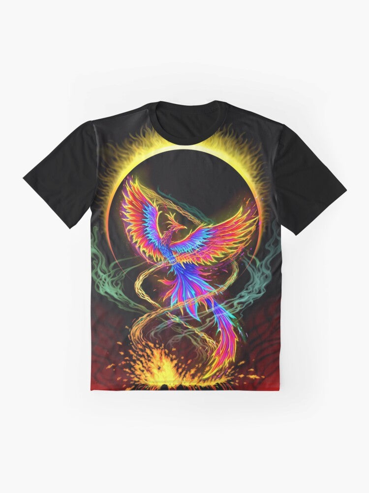 Rising Above Adversity Phoenix Graphic T-Shirt with fantasy art design - Flat lay