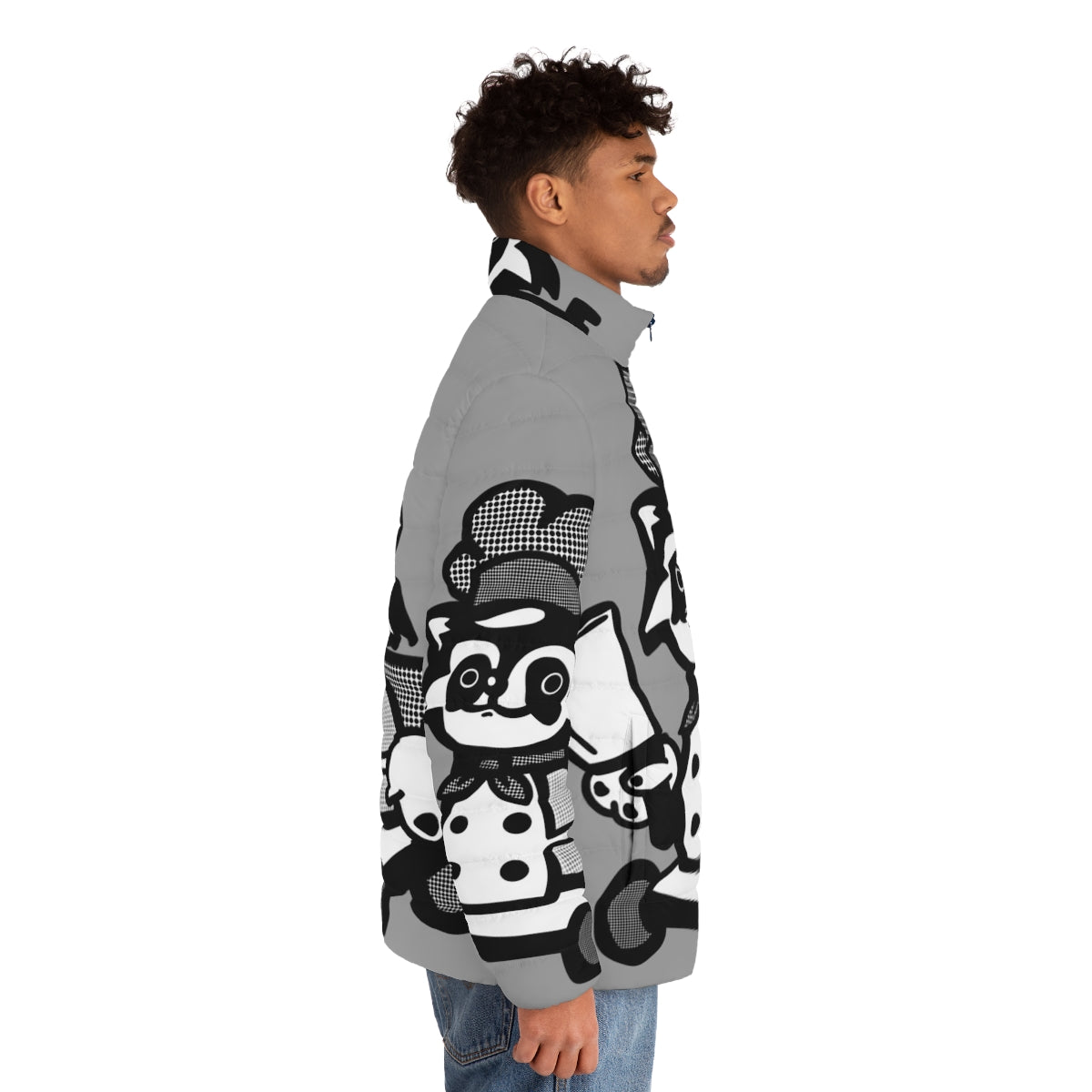 Overcooked Raccoon Puffer Jacket with Retro Comic Graphic - men side right