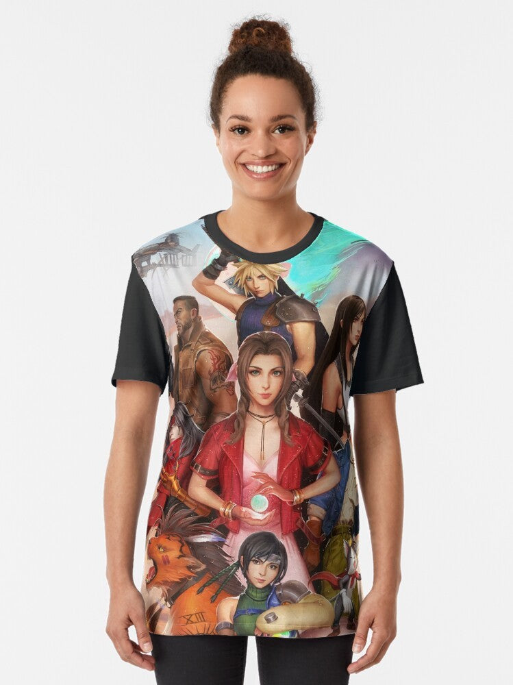 Final Fantasy 7 FF7 Cast Art Graphic T-Shirt featuring characters Cloud, Tifa, Aerith, Barret, and Sephiroth - Women