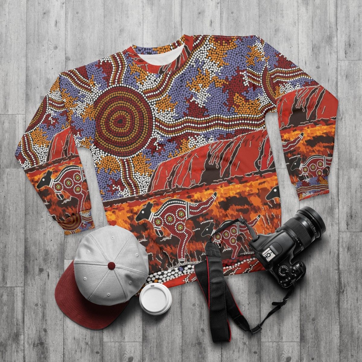 Uluru Ayers Rock inspired Aboriginal art sweatshirt - flat lay