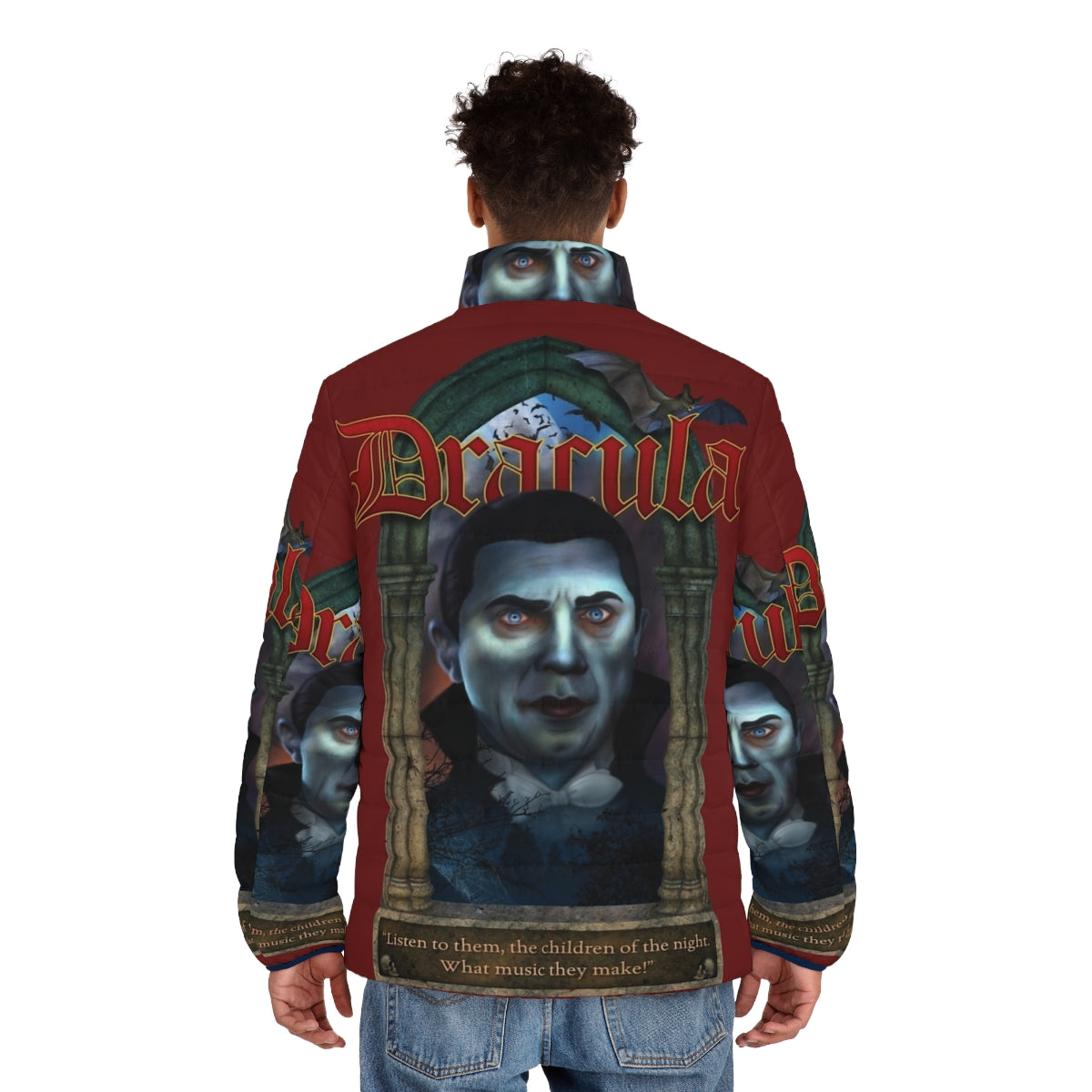 Dracula puffer jacket with classic horror and gothic fashion design - men back