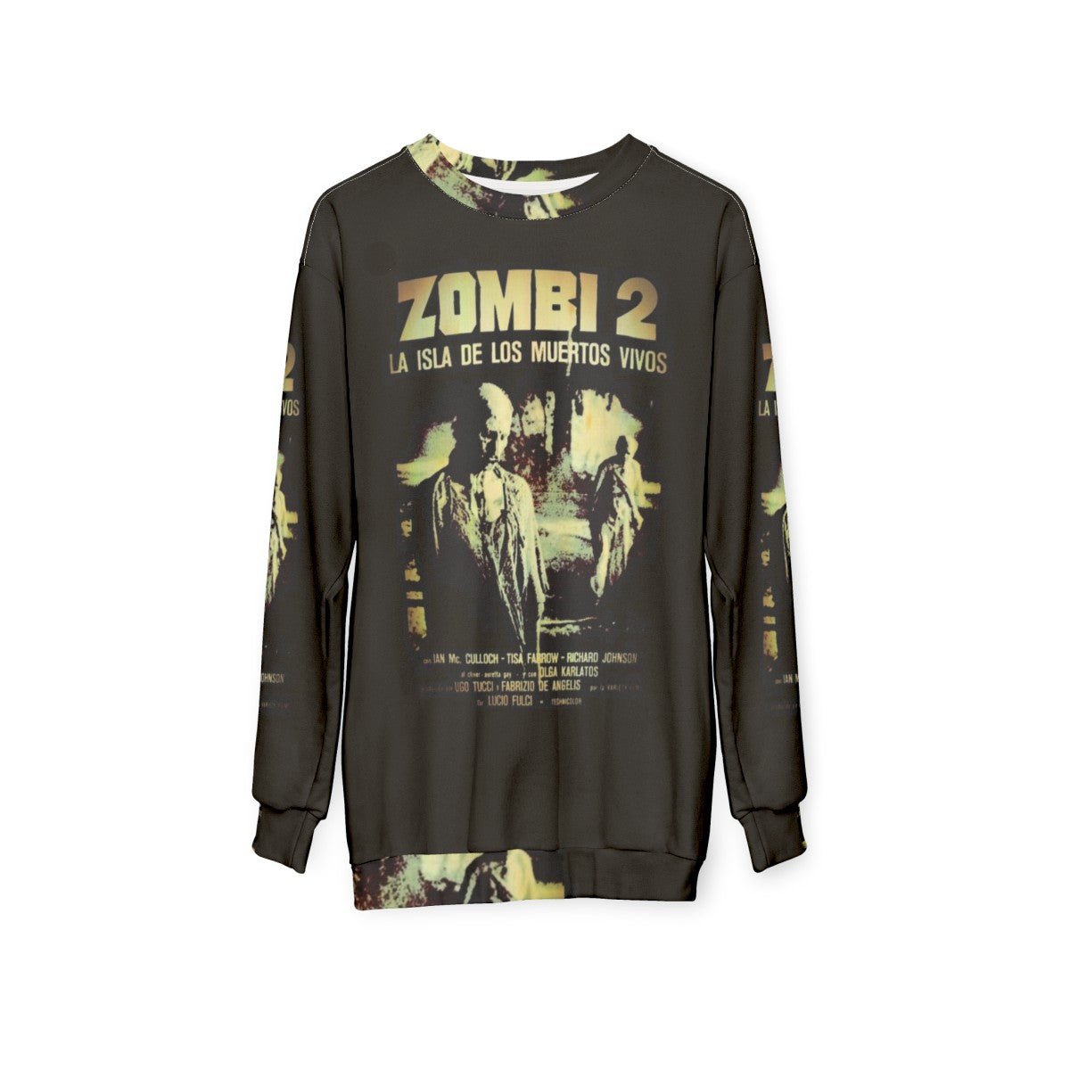 Zombi 2 Sweatshirt featuring horror imagery and the classic film - hanging