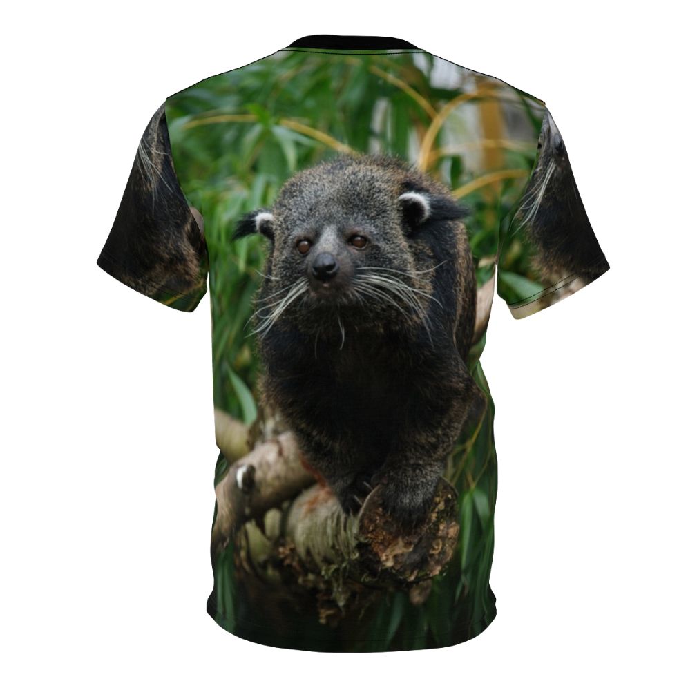 Photograph of a Binturong, also known as a Bearcat, wearing a custom t-shirt with a binturong-themed graphic. - Back