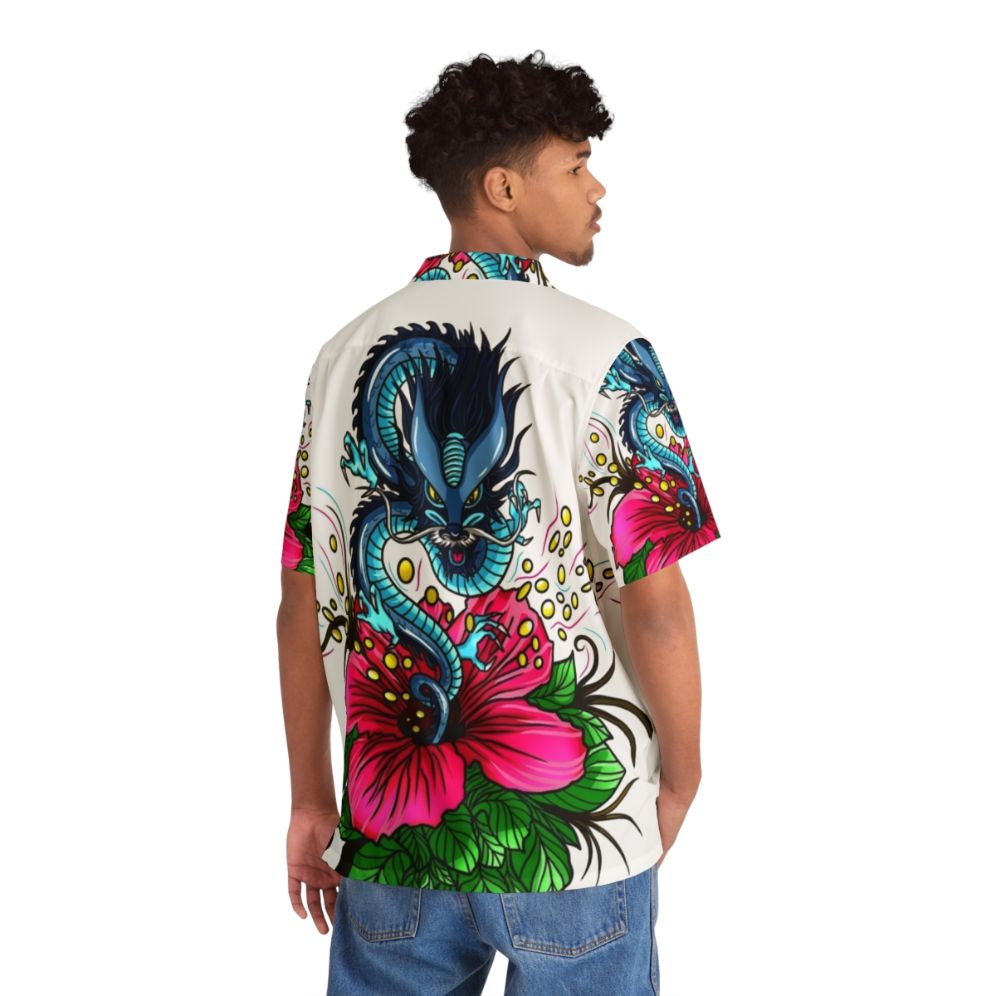 Vibrant dragon and hibiscus design on a Hawaiian shirt - People Back