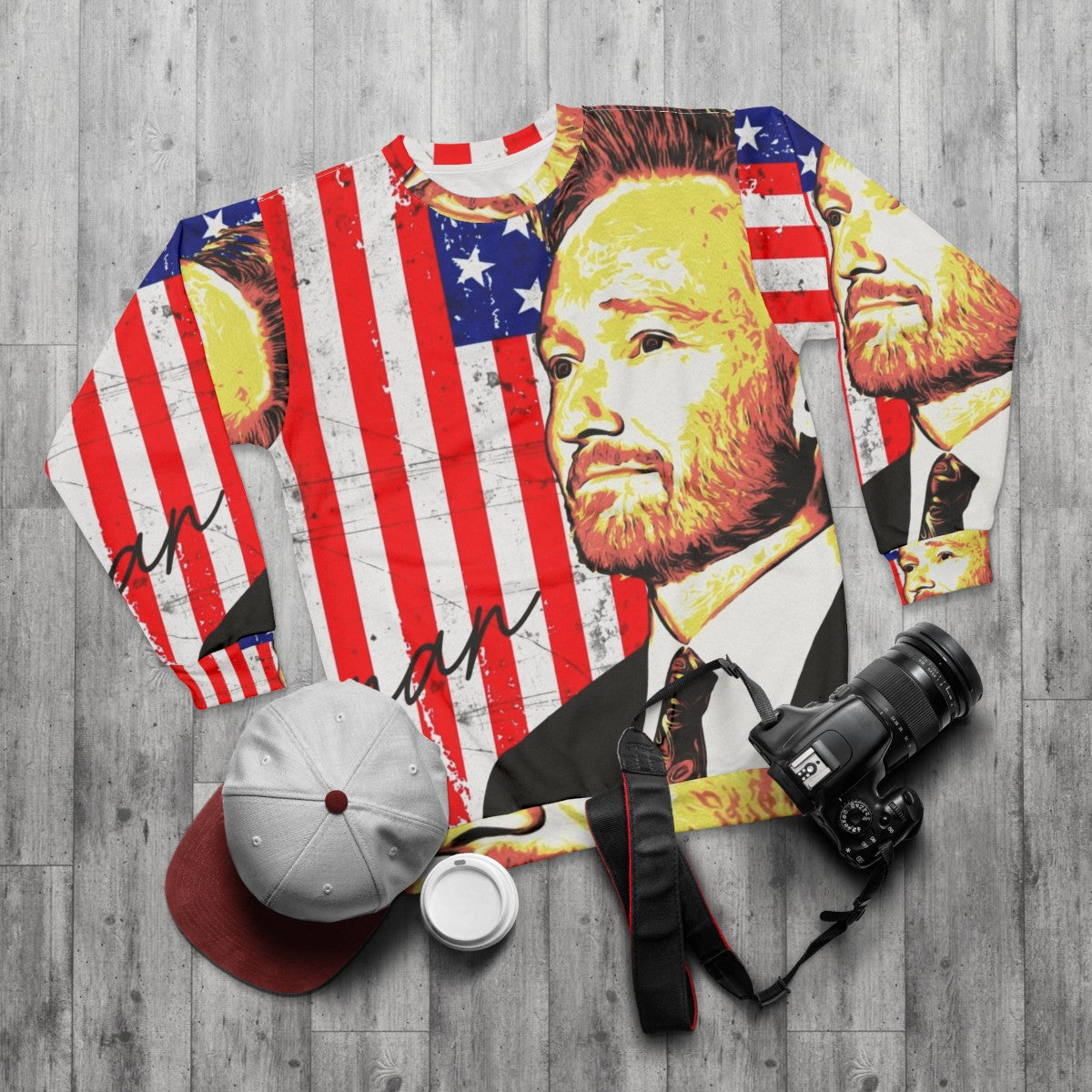 Conan O'Brien wearing an American flag sweatshirt - flat lay