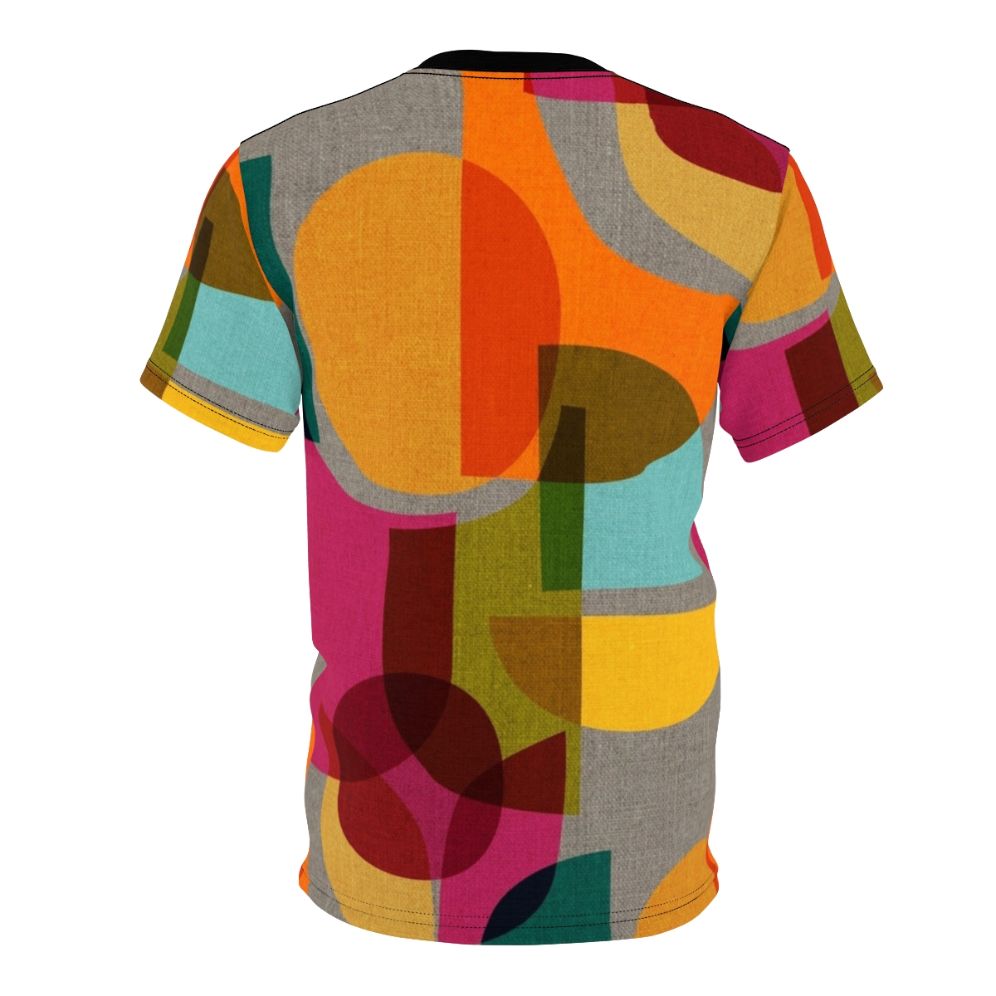 A vibrant mid-century inspired t-shirt featuring a kaleidoscope-like abstract geometric design in a rainbow of colors. - Back