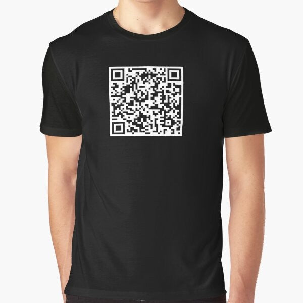 A man wearing a t-shirt with a QR code that leads to the "Never Gonna Give You Up" music video by Rick Astley.