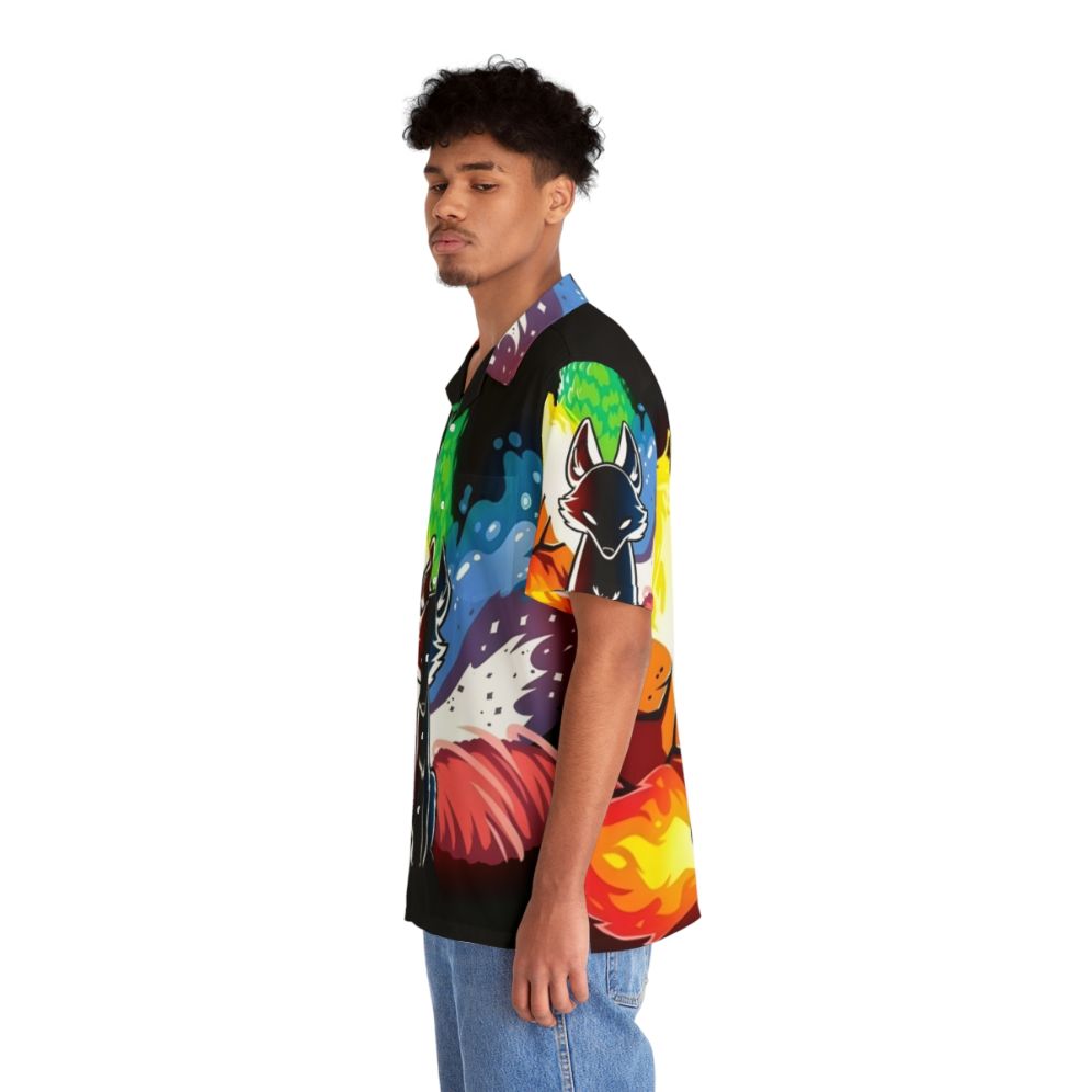 Colorful rainbow kitsune Hawaiian shirt featuring a mythical fox creature - People Left