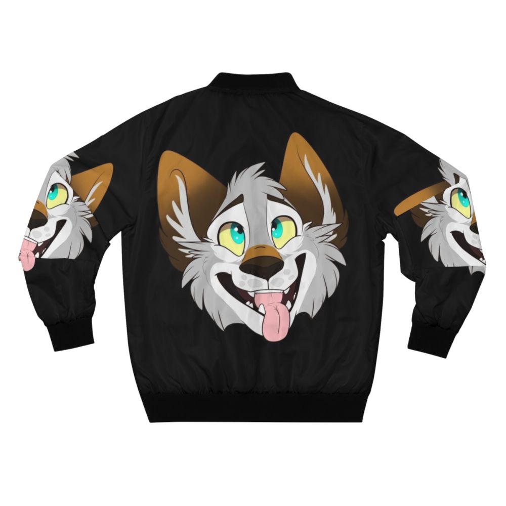 A happy, smiling wolf cartoon design on a bomber jacket. - Back