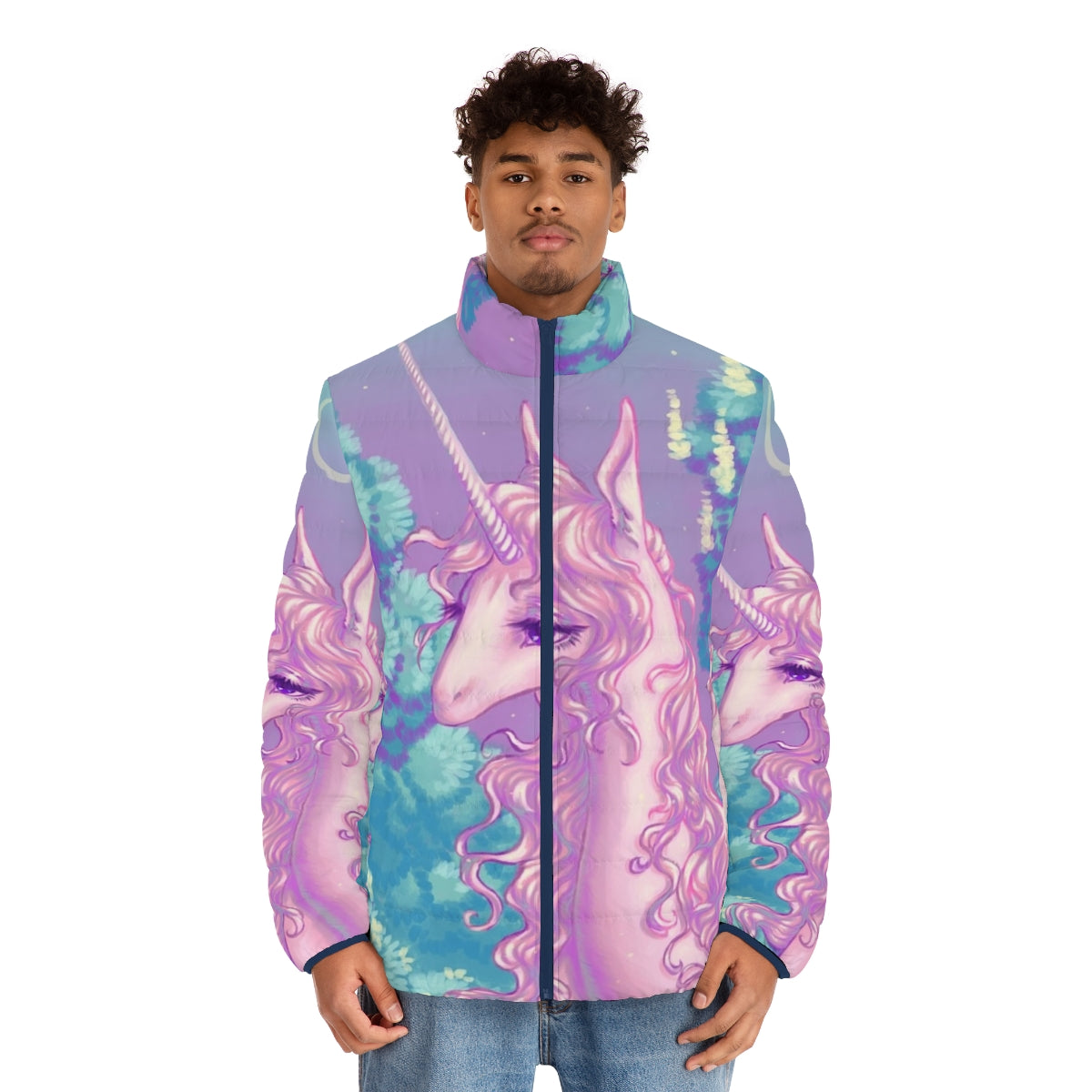 The Last Unicorn S Forest Puffer Jacket, featuring a pastel, 80s retro design with a glowing unicorn in a magical forest setting. - men front