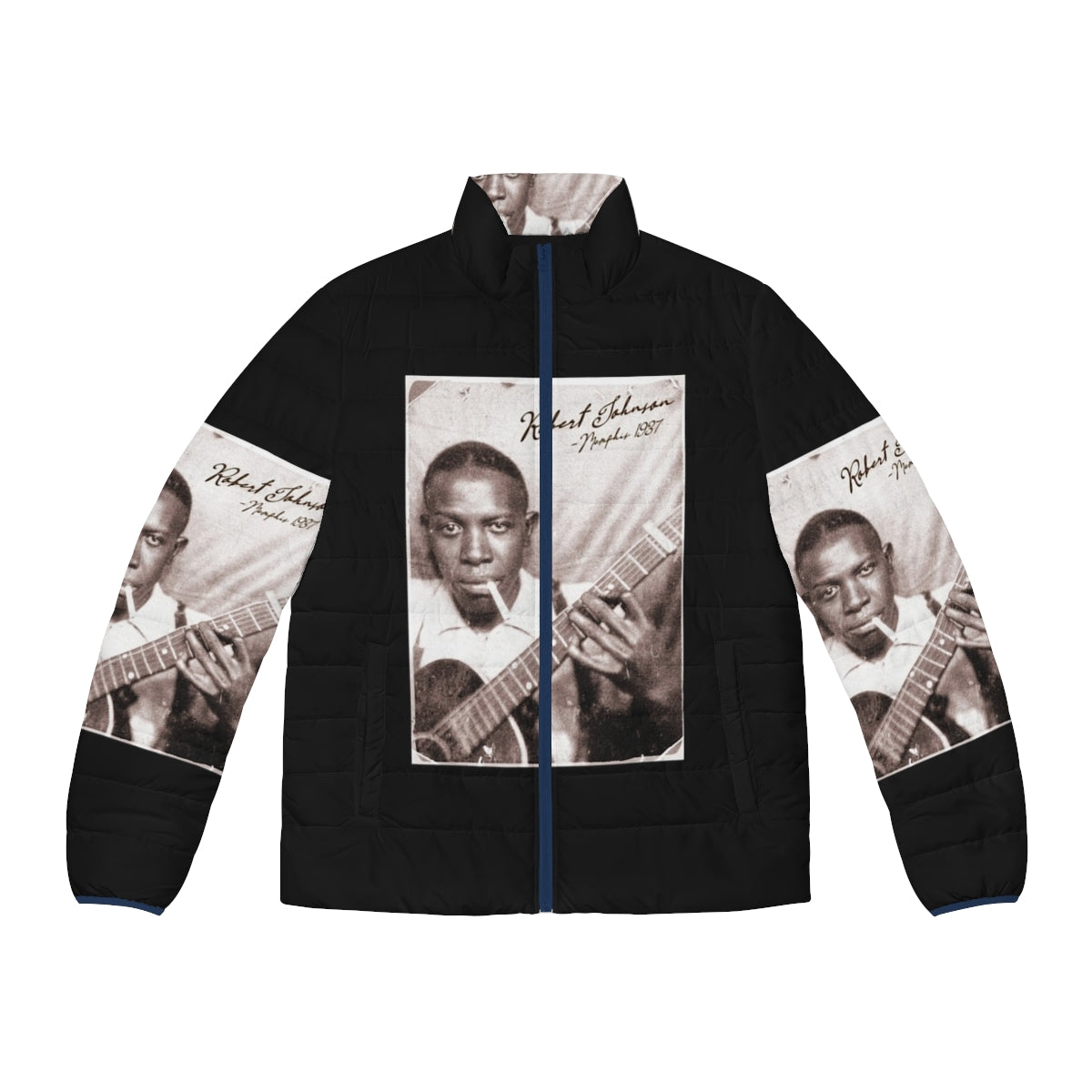 Retro Robert Johnson Blues Puffer Jacket featuring a vintage-style portrait of the legendary blues musician