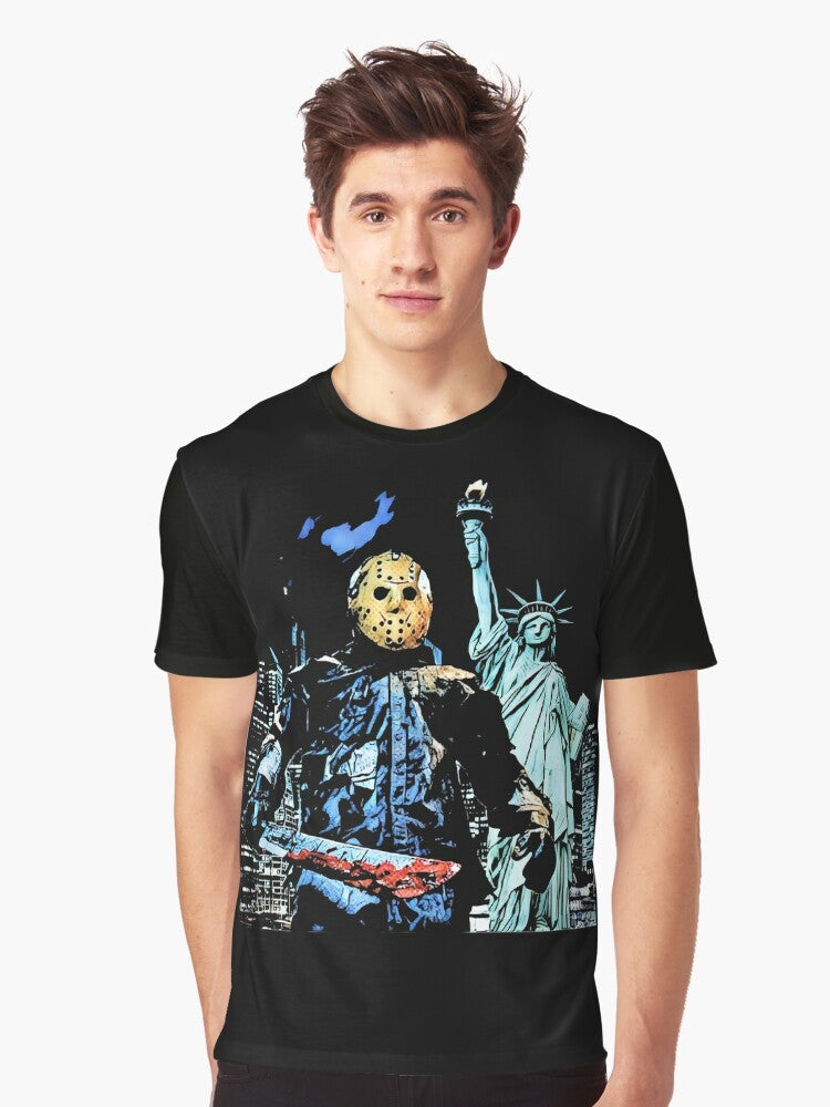 "Jason Takes Manhattan" graphic t-shirt featuring the iconic hockey mask and blood-spattered design from the Friday the 13th horror franchise - Men