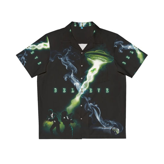 "I Believe" X-Files Hawaiian Shirt with UFO and Alien Abduction Imagery