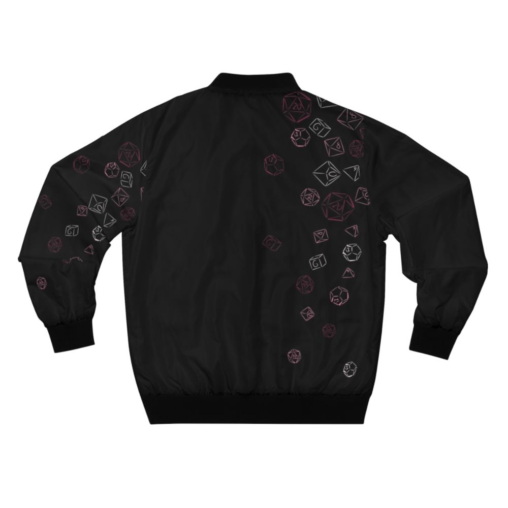 Retro bomber jacket with cascading pink dice pattern, perfect for gamers and RPG enthusiasts. - Back