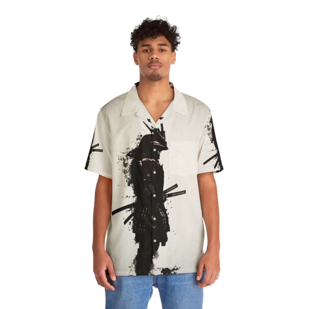 Armored Samurai Hawaiian Shirt with Ink Spatter Design - Lifestyle