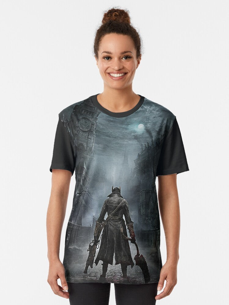 Bloodborne-inspired graphic t-shirt featuring dark fantasy and horror imagery - Women