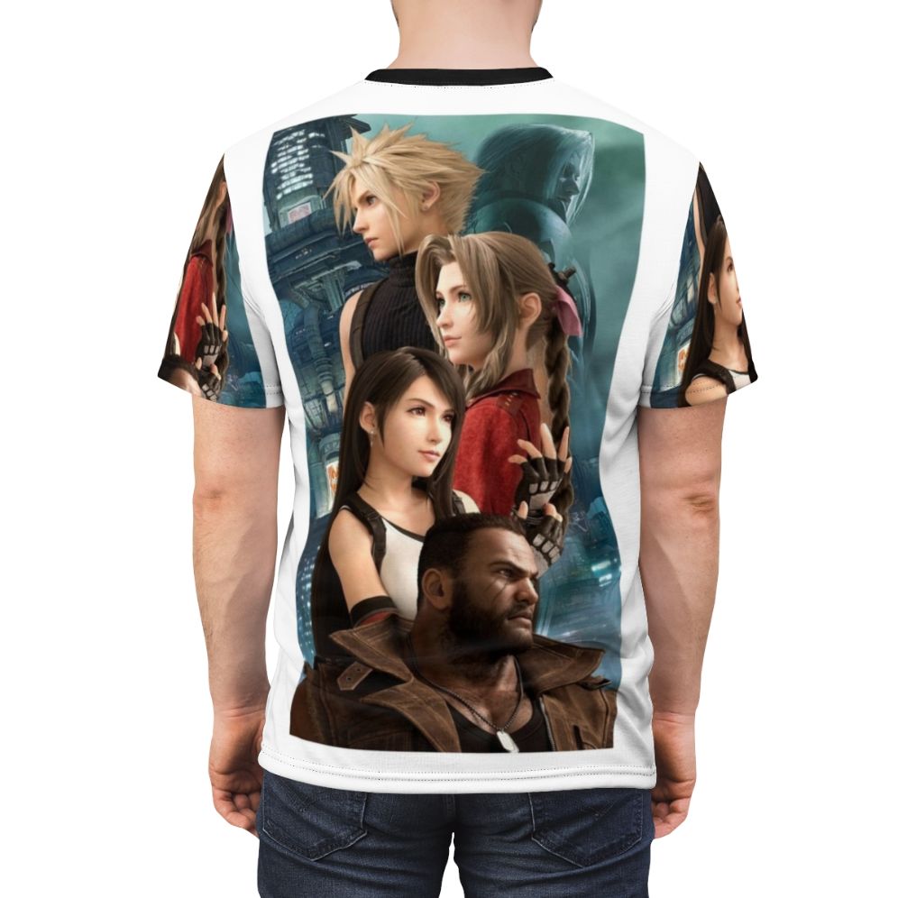 Anime-inspired fantasy t-shirt featuring designs inspired by the Final Fantasy VII Remake video game. - men back