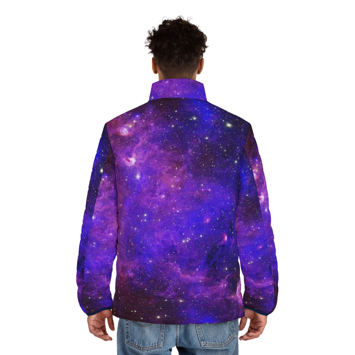 Galaxy Design Puffer Jacket featuring a vibrant cosmic print - men back