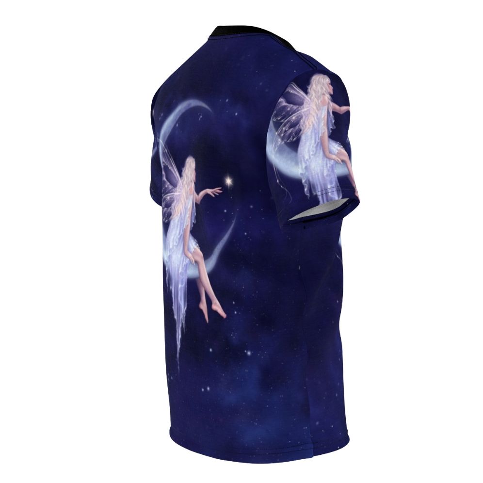 Whimsical fairy figure floating in a starry night sky featuring a crescent moon - men right