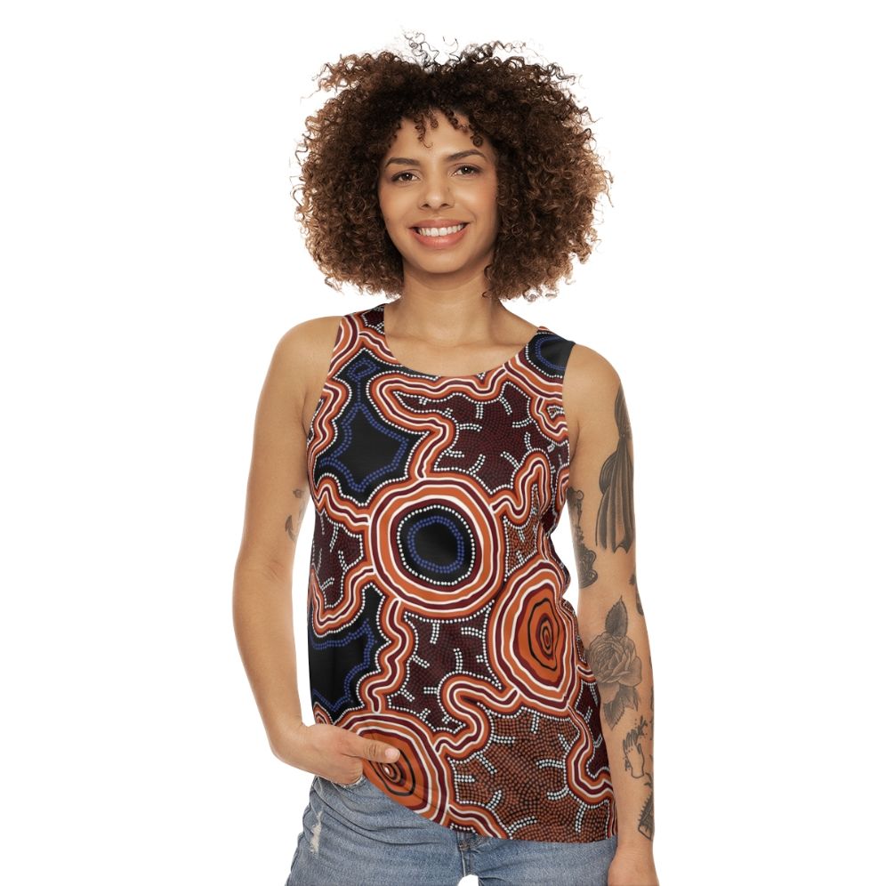 Authentic Aboriginal Art Unisex Tank Top with Pathway to Water Design - women