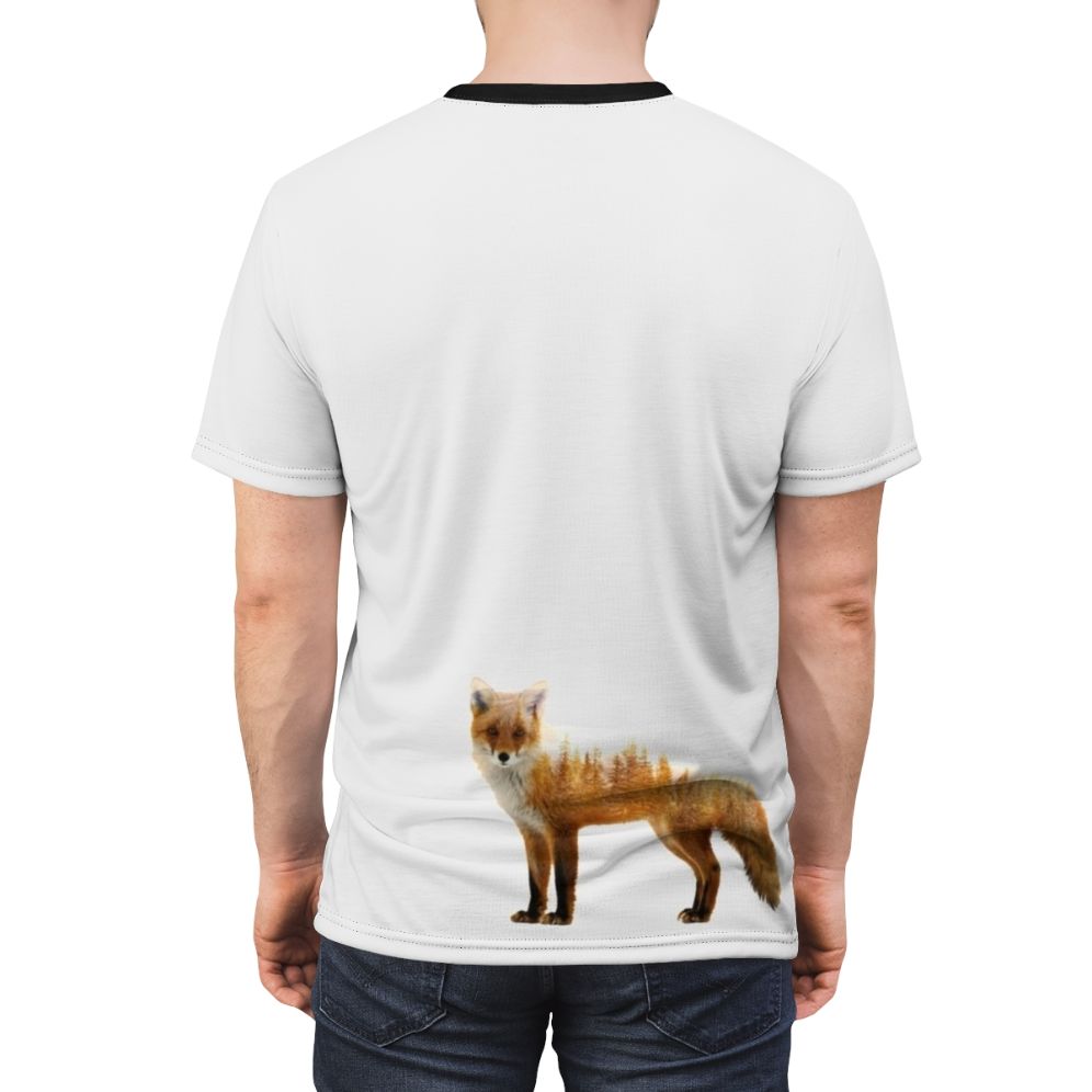 Stylish t-shirt featuring a double exposure design of a majestic forest fox against a nature backdrop - men back