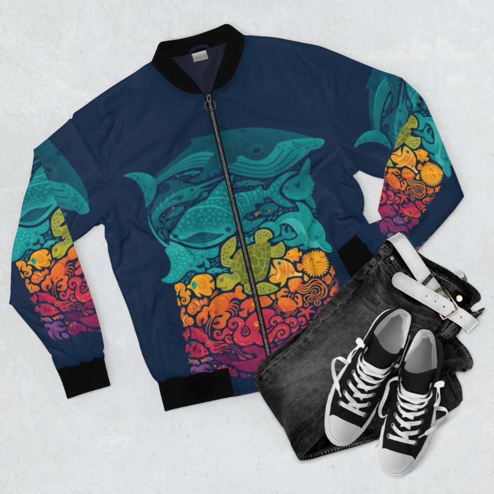 Aquatic Spectrum Bomber Jacket with Vibrant Sea Creature Design - Flat lay