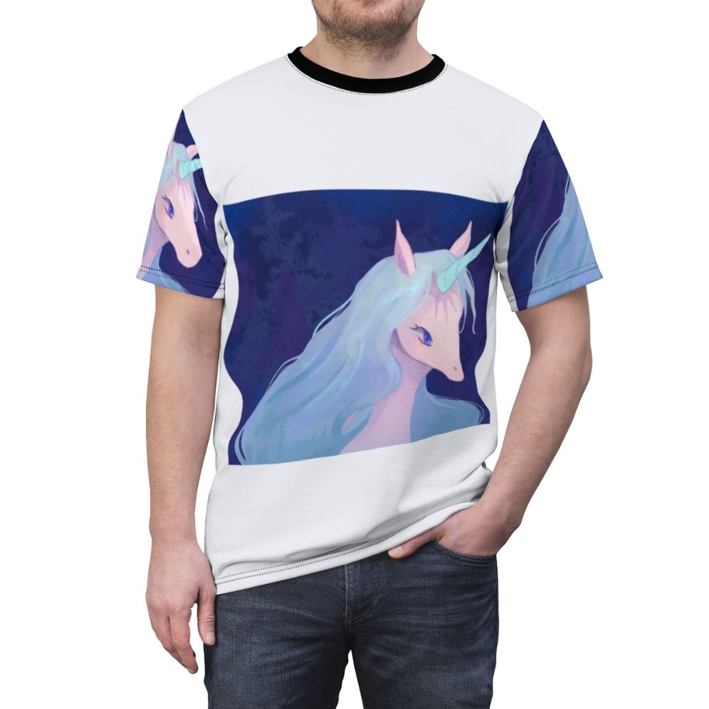 Whimsical illustration of the iconic unicorn from the classic fantasy film "The Last Unicorn" on a high-quality t-shirt. - men front