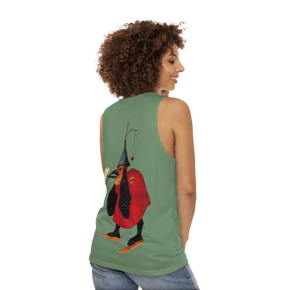 Bosch Bird with Letter Unisex Tank Top featuring a vintage Hieronymus Bosch inspired illustration - women back