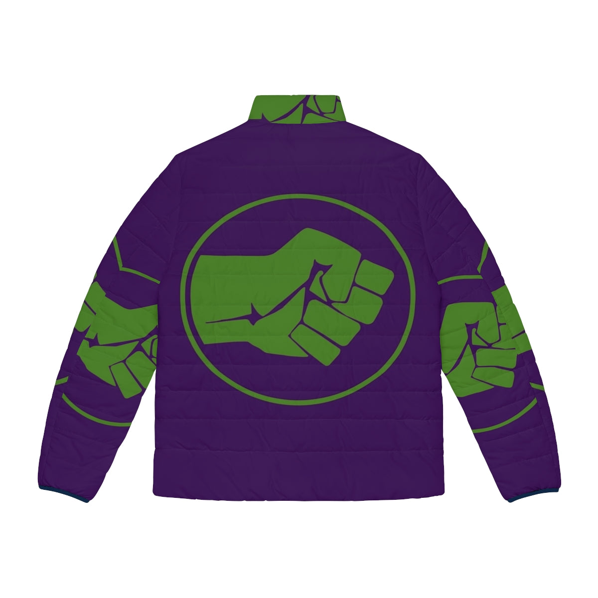 Green puffer jacket featuring the iconic Incredible Hulk smash fist logo - Back