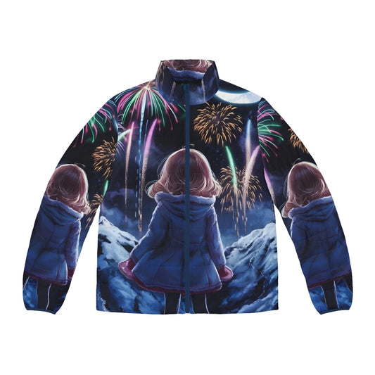 Colorful fireworks anime style puffer jacket with vibrant patterns and design