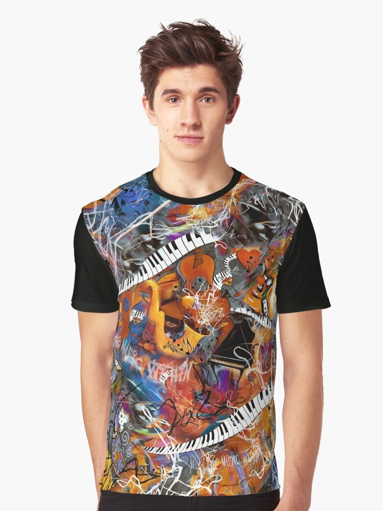 Abstract scribble design featuring various musical instruments like saxophone, piano, and keyboard on a graphic t-shirt for music lovers. - Men