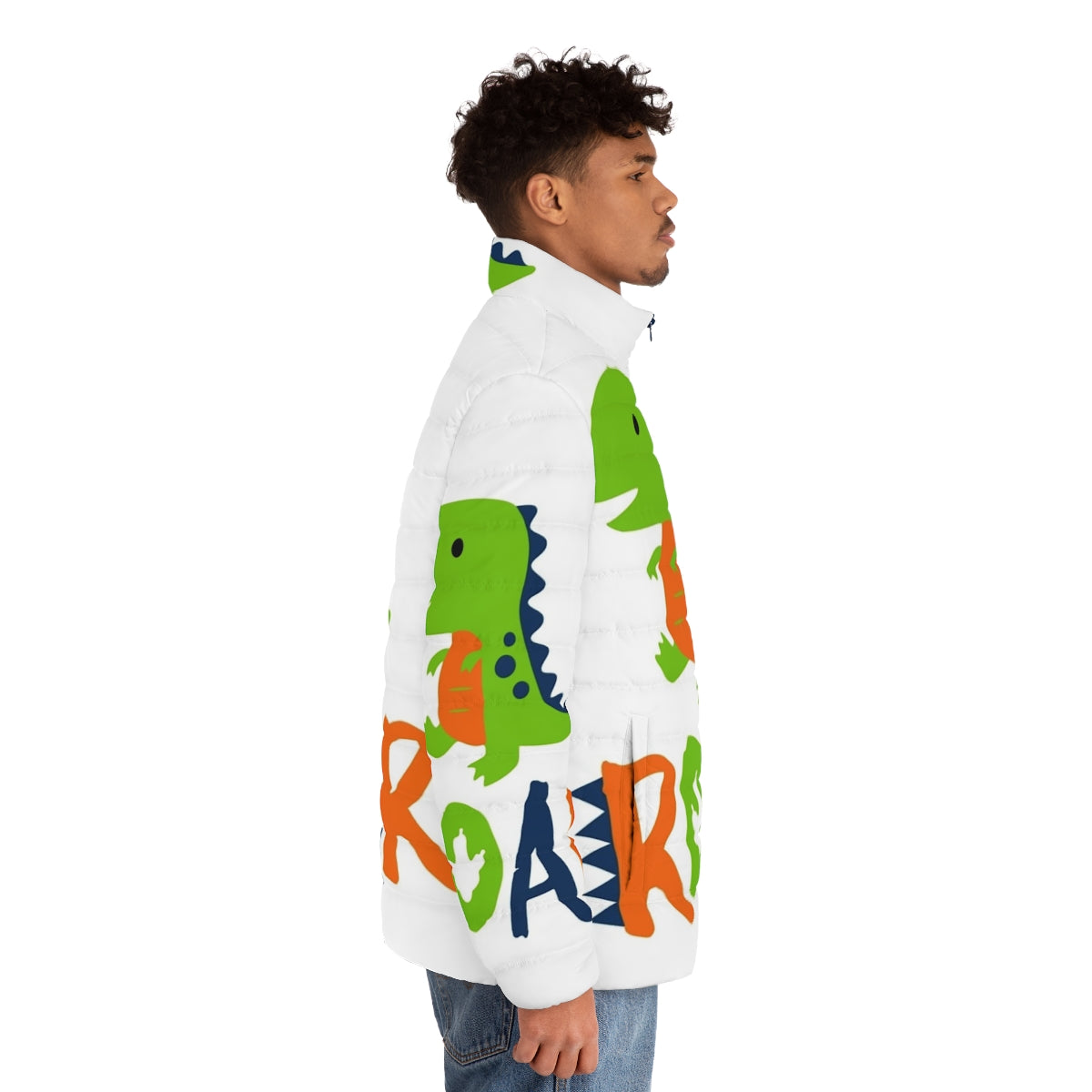 Dinosaur-themed puffer jacket with padded and crinkly design for adult babies and diaper lovers - men side right