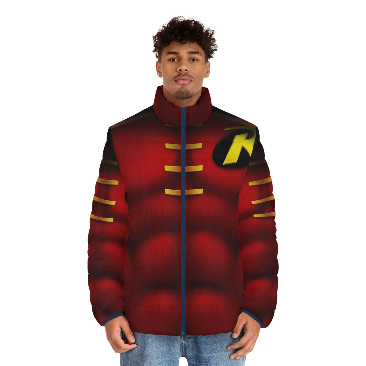 A vibrant puffer jacket featuring a superhero art design of the iconic character Red Robin. - men front