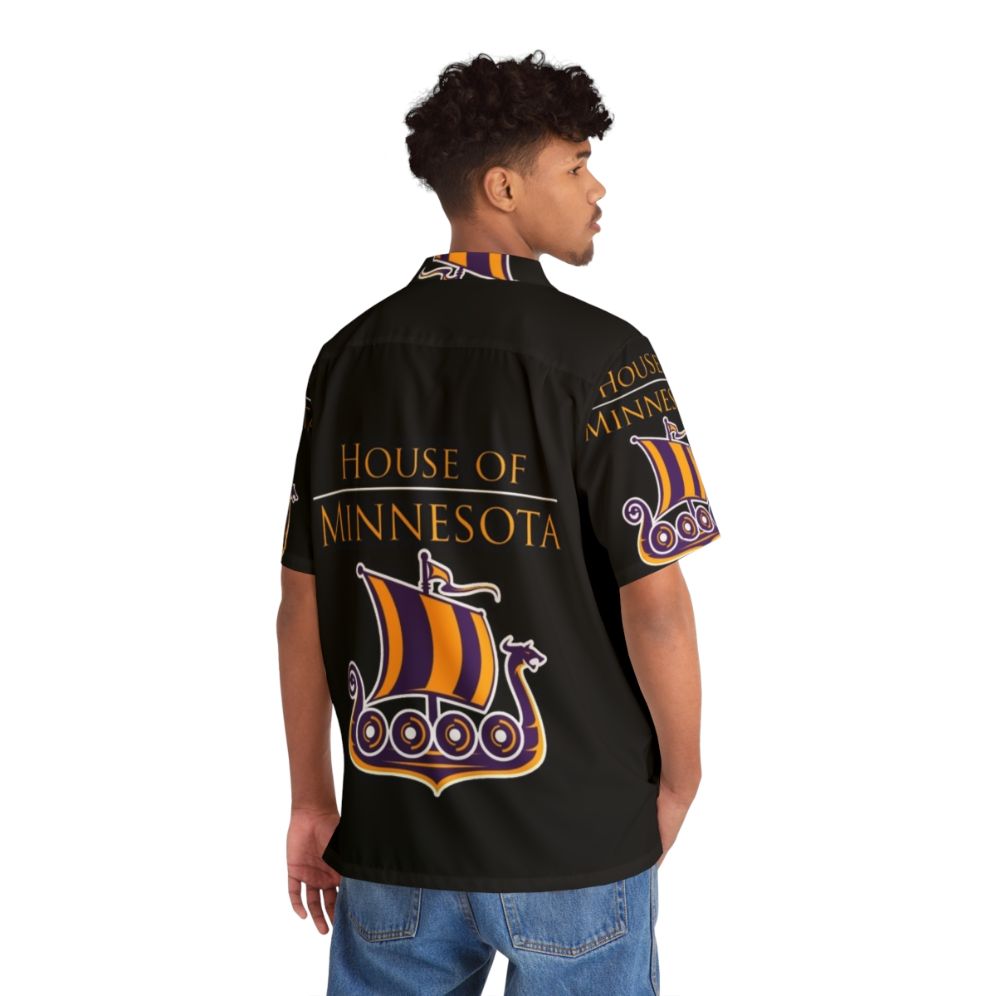 Art Minnesota Vikings Hawaiian Shirt featuring the Minnesota Vikings logo and tropical island design - Flat lay