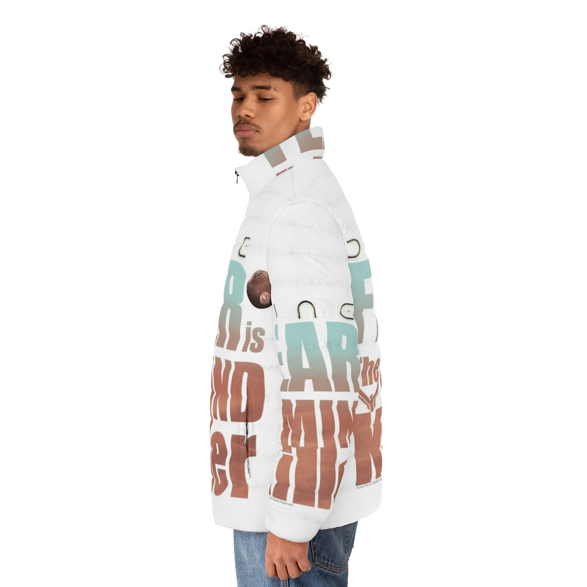 Dune 2020 'Fear Is The Mind Killer' Puffer Jacket featuring iconic Dune quote and movie artwork - men side left