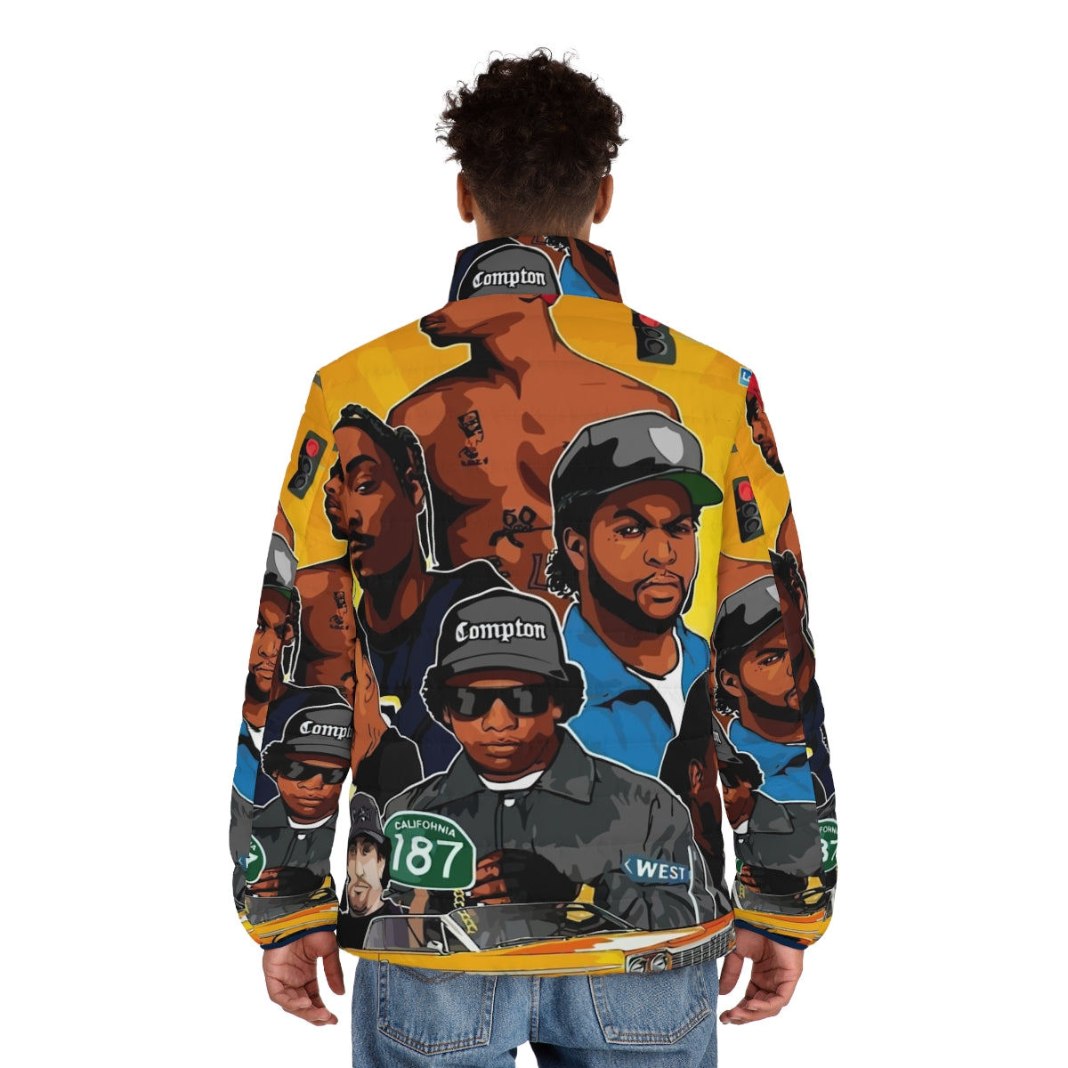 West Rappers Puffer Jacket featuring iconic 90s hip hop design - men back