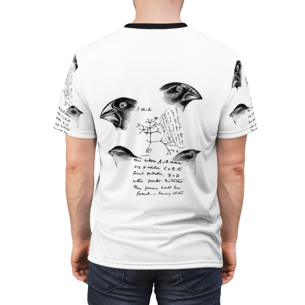 T-shirt featuring an all-over print design of Darwin's finches, a key element in the theory of evolution. - men back