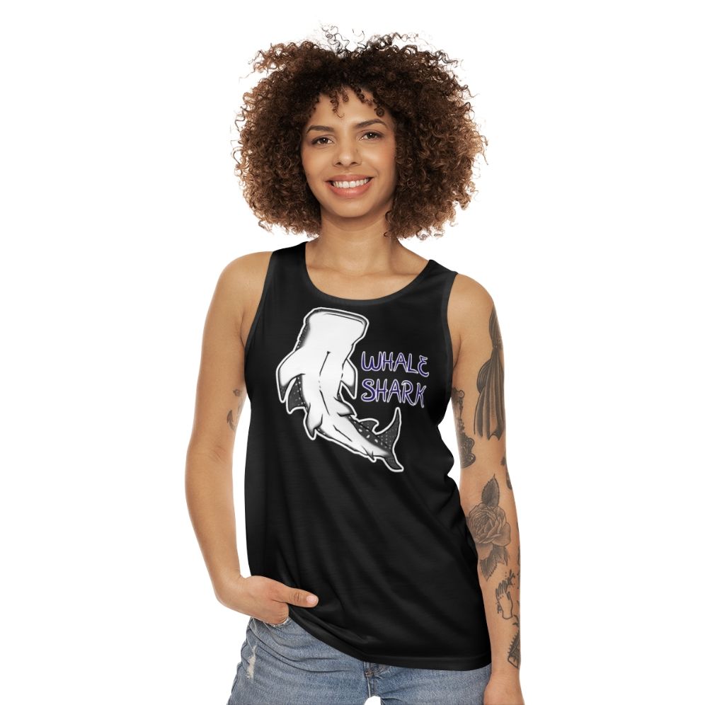 Whale shark unisex tank top with purple and blue design - women