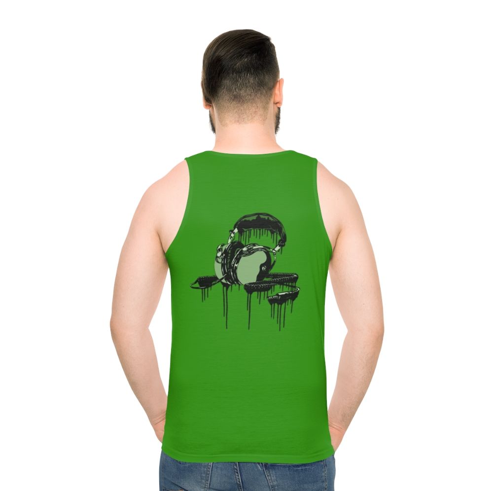 Classic Shells Unisex Tank Top featuring retro 70s album cover design and headphones - men back