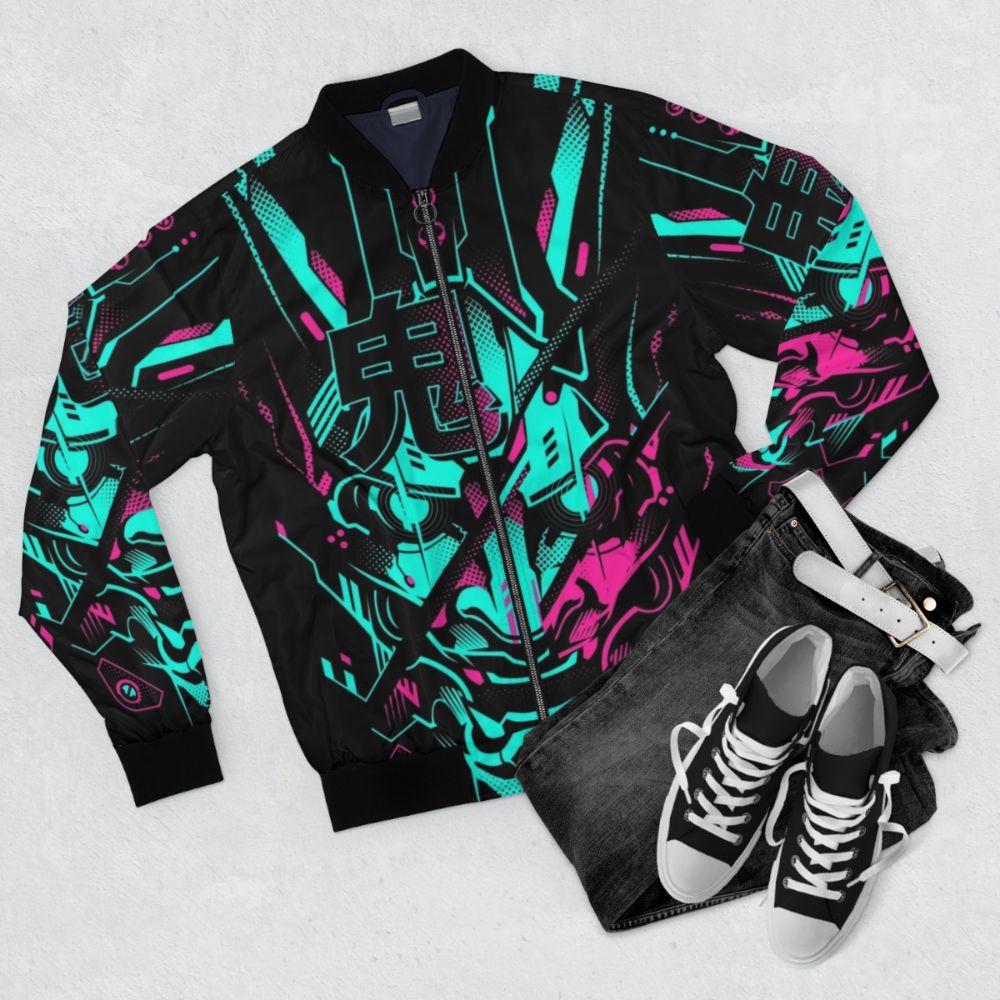 Cyberpunk style bomber jacket with neon oni and glitch design - Flat lay