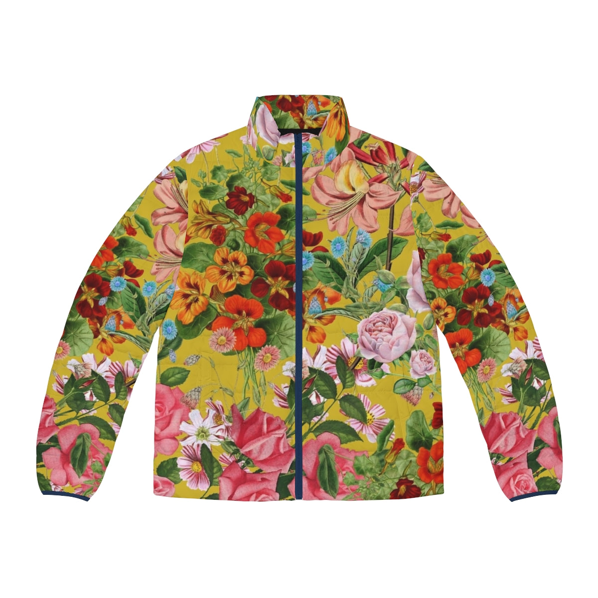 Floral pattern on yellow background puffer jacket