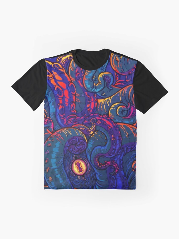 Colorful graphic t-shirt design featuring a kraken or giant squid with tentacles - Flat lay