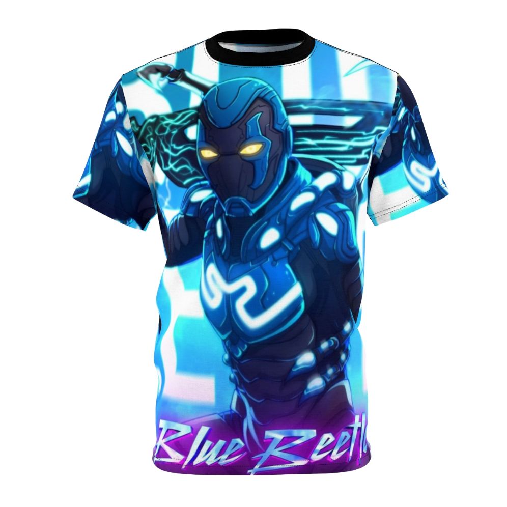 Blue Beetle inspired graphic tee with a young superhero design