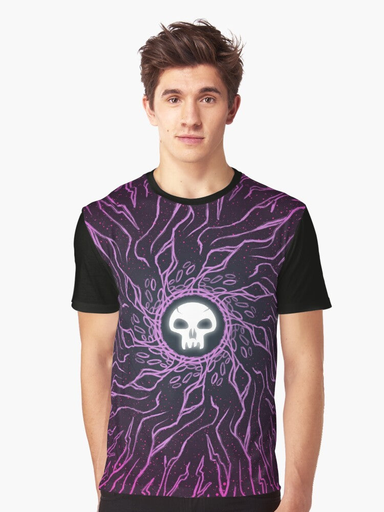 Minimalist black mana skull graphic t-shirt for magic the gathering fans - Men