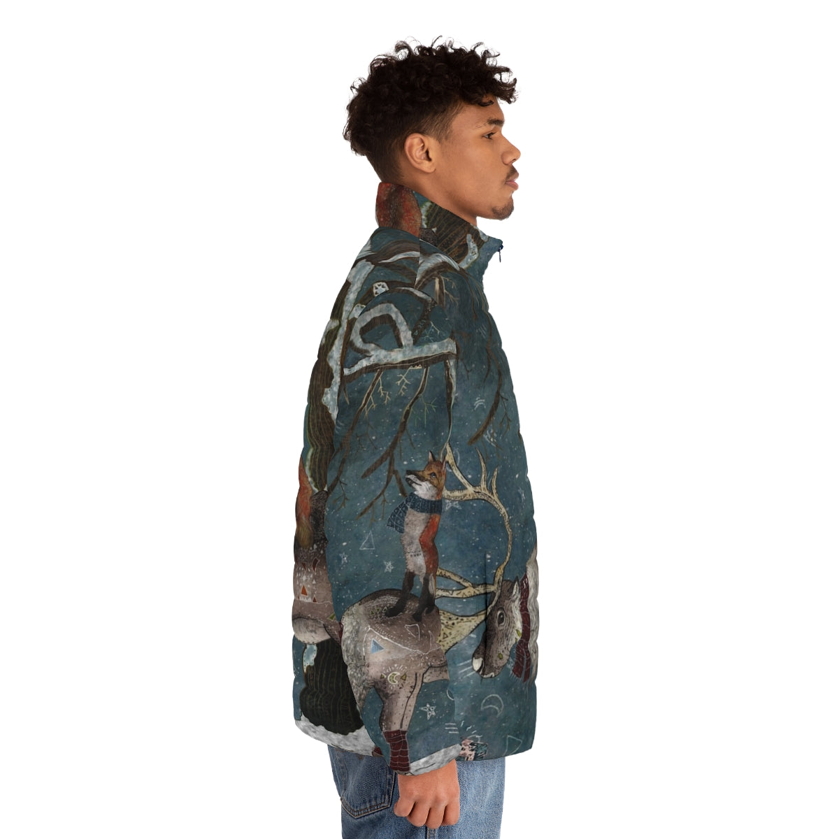 A blue puffer jacket with a snowy forest and wildlife design - men side right