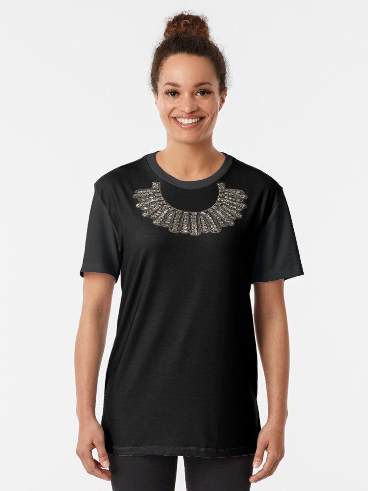 Graphic t-shirt featuring the iconic dissent collar of Ruth Bader Ginsburg, the renowned Supreme Court Justice and feminist icon. - Women