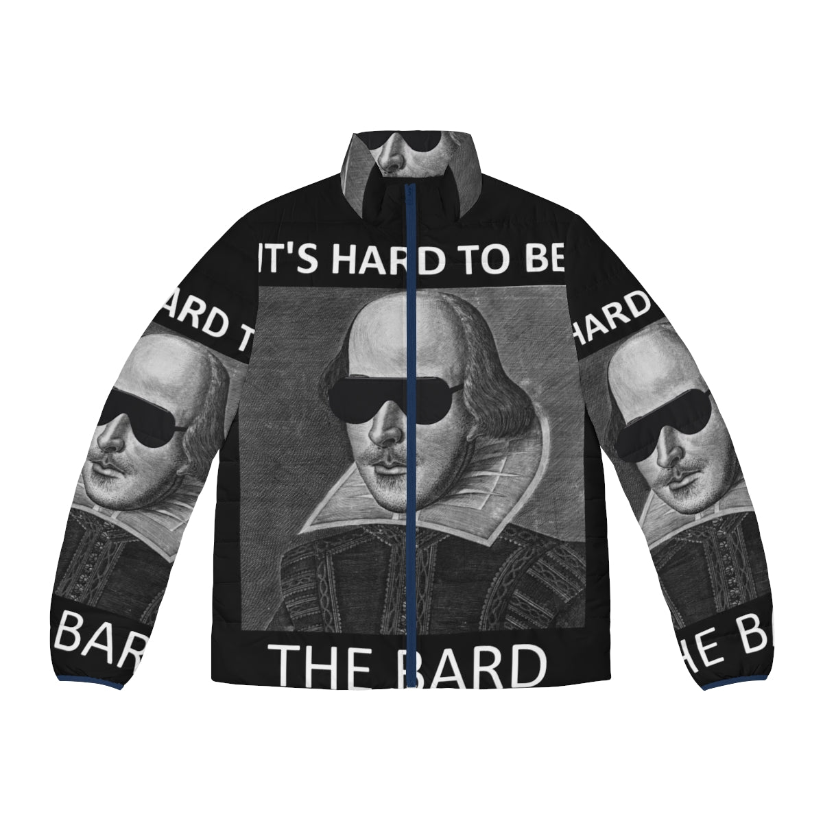 A puffer jacket featuring the quote "It's Hard to Be the Bard" from the Broadway musical "Something Rotten"