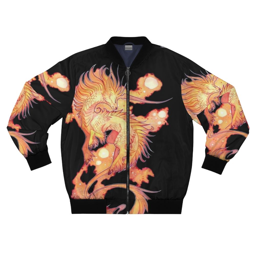 Space unicorn fantasy bomber jacket with vibrant red and orange colors